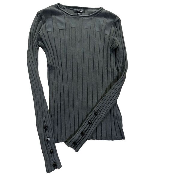 Topshop Womens Charcoal Gray Ribbed Button Sleeve Pullover Sweater sz 6 - Picture 3 of 13
